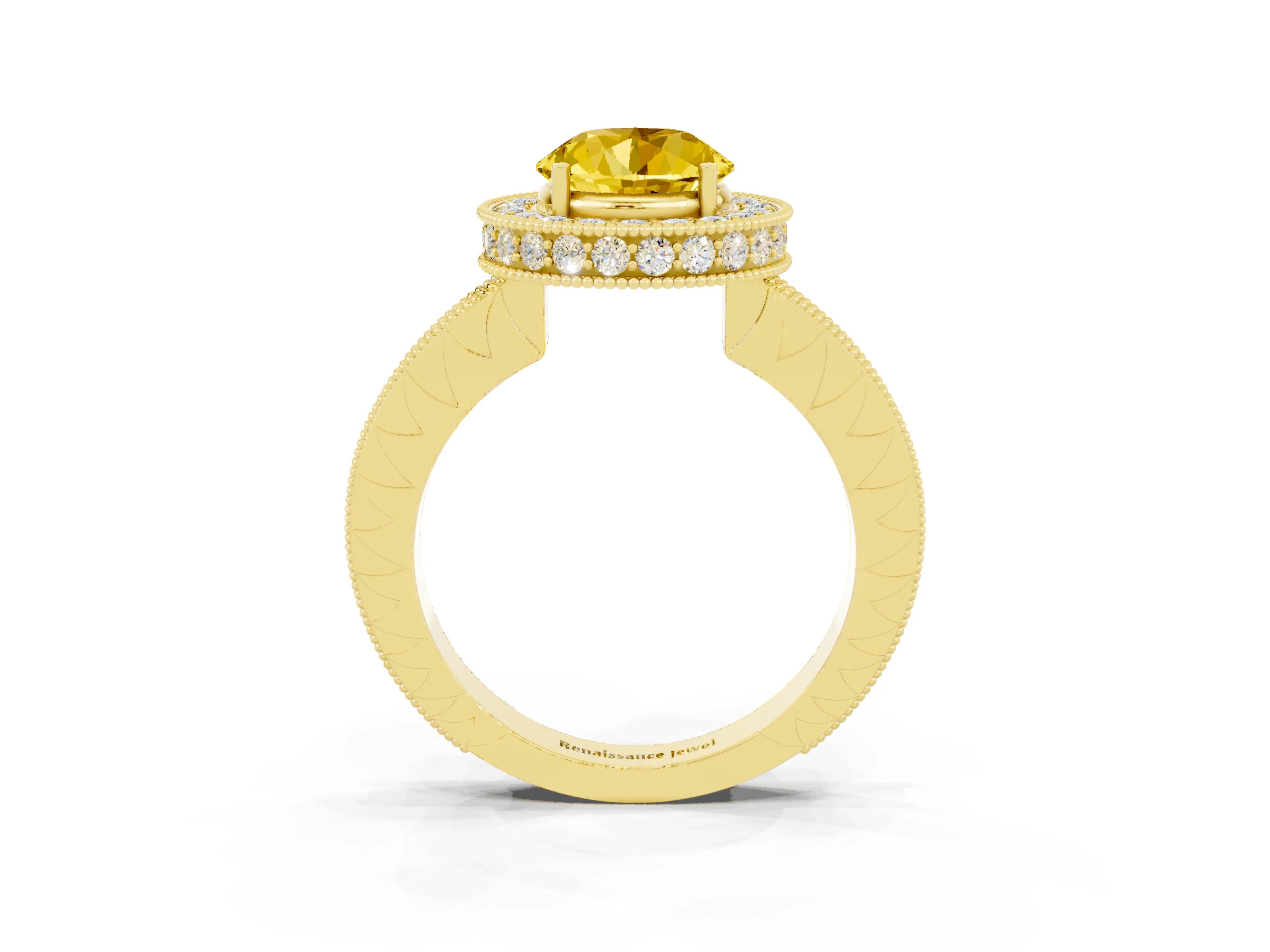 Yellow gold Round Cut Halo Diamond Engagement Ring with Milgrain Pave Band and Four-Prong Setting_3