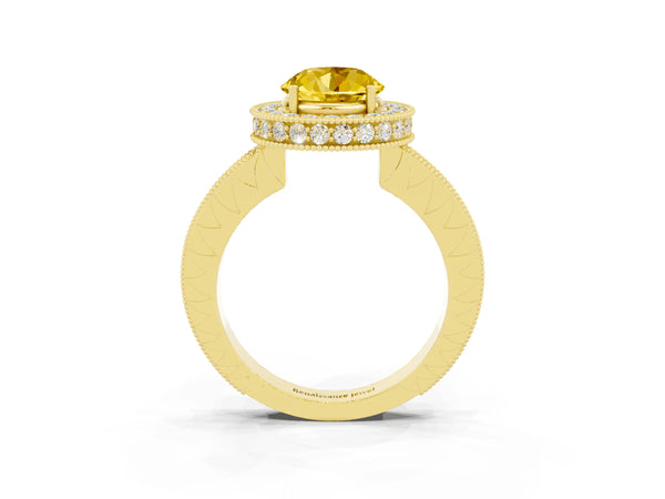 Yellow gold Round Cut Halo Diamond Engagement Ring with Milgrain Pave Band and Four-Prong Setting