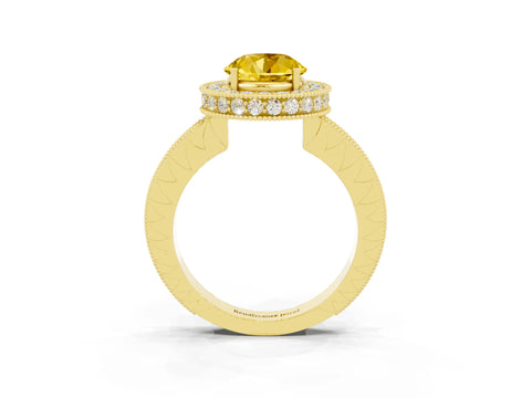 Yellow gold Round Cut Halo Diamond Engagement Ring with Milgrain Pave Band and Four-Prong Setting_3