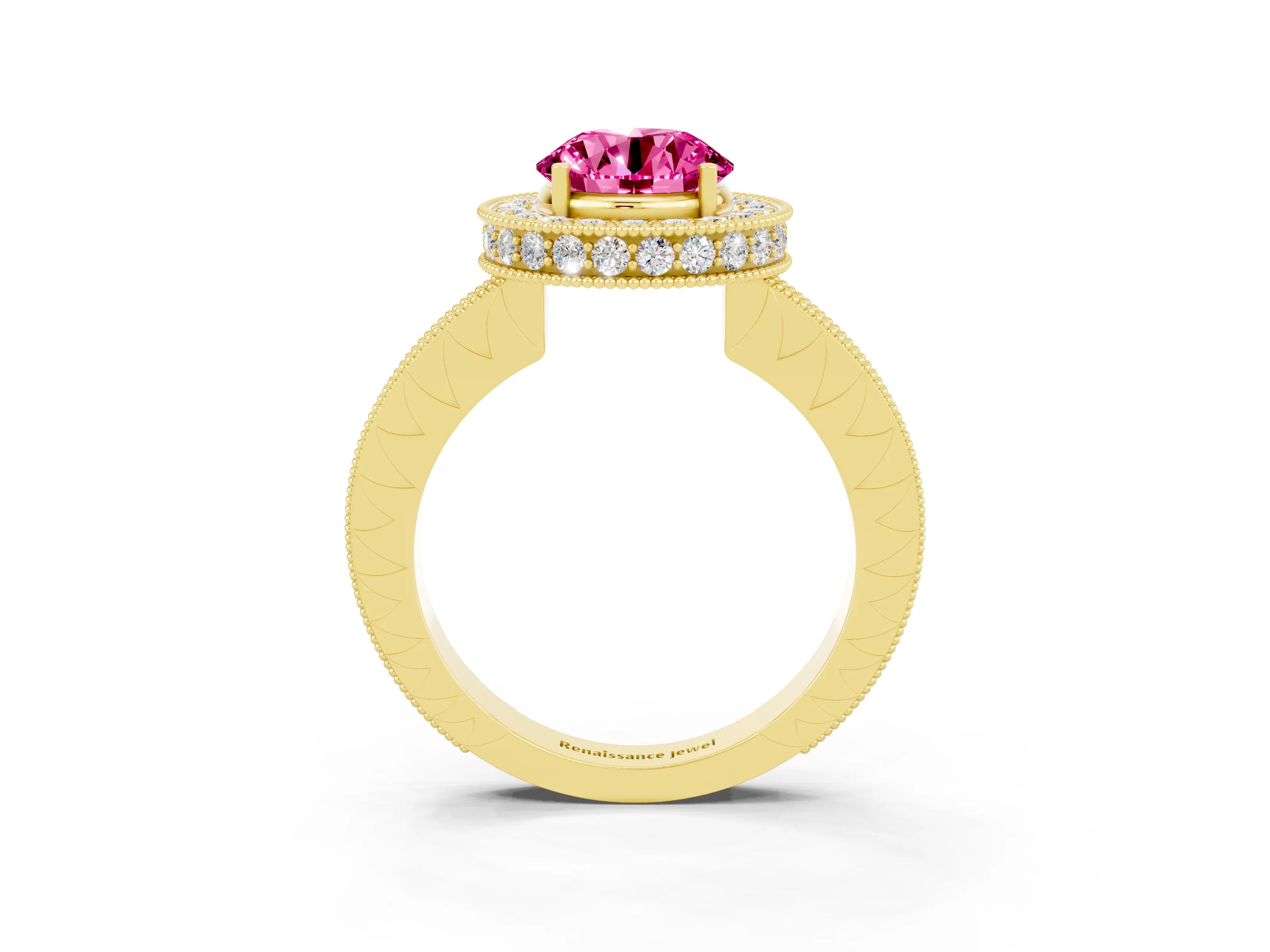 Yellow gold Round Cut Halo Diamond Engagement Ring with Milgrain Pave Band and Four-Prong Setting_3