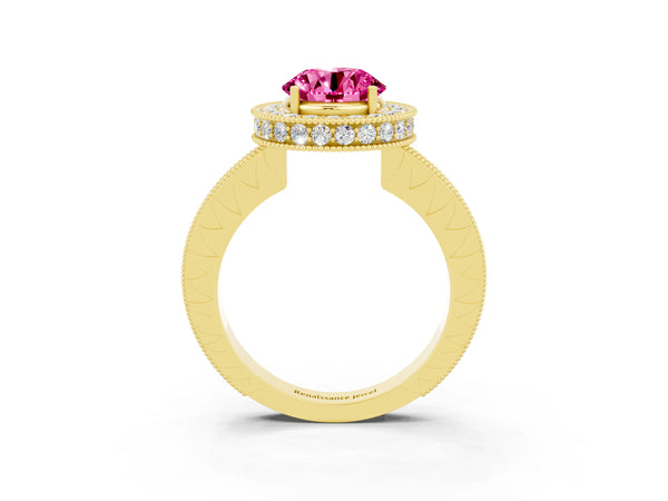 Yellow gold Round Cut Halo Diamond Engagement Ring with Milgrain Pave Band and Four-Prong Setting