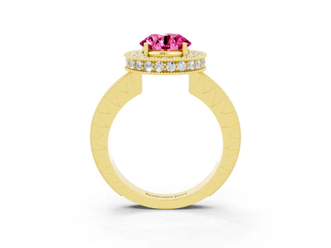 Yellow gold Round Cut Halo Diamond Engagement Ring with Milgrain Pave Band and Four-Prong Setting_3