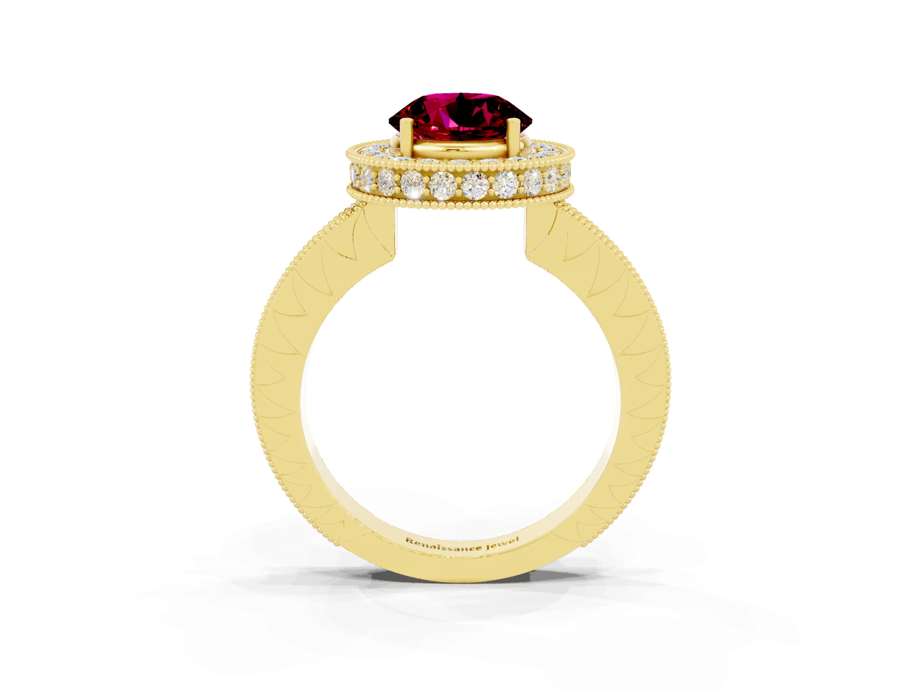 Yellow gold Round Cut Halo Diamond Engagement Ring with Milgrain Pave Band and Four-Prong Setting_3