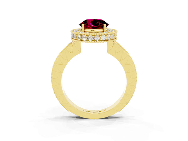 Yellow gold Round Cut Halo Diamond Engagement Ring with Milgrain Pave Band and Four-Prong Setting