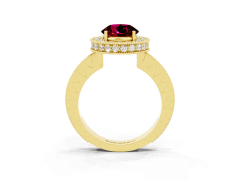 Yellow gold Round Cut Halo Diamond Engagement Ring with Milgrain Pave Band and Four-Prong Setting_3
