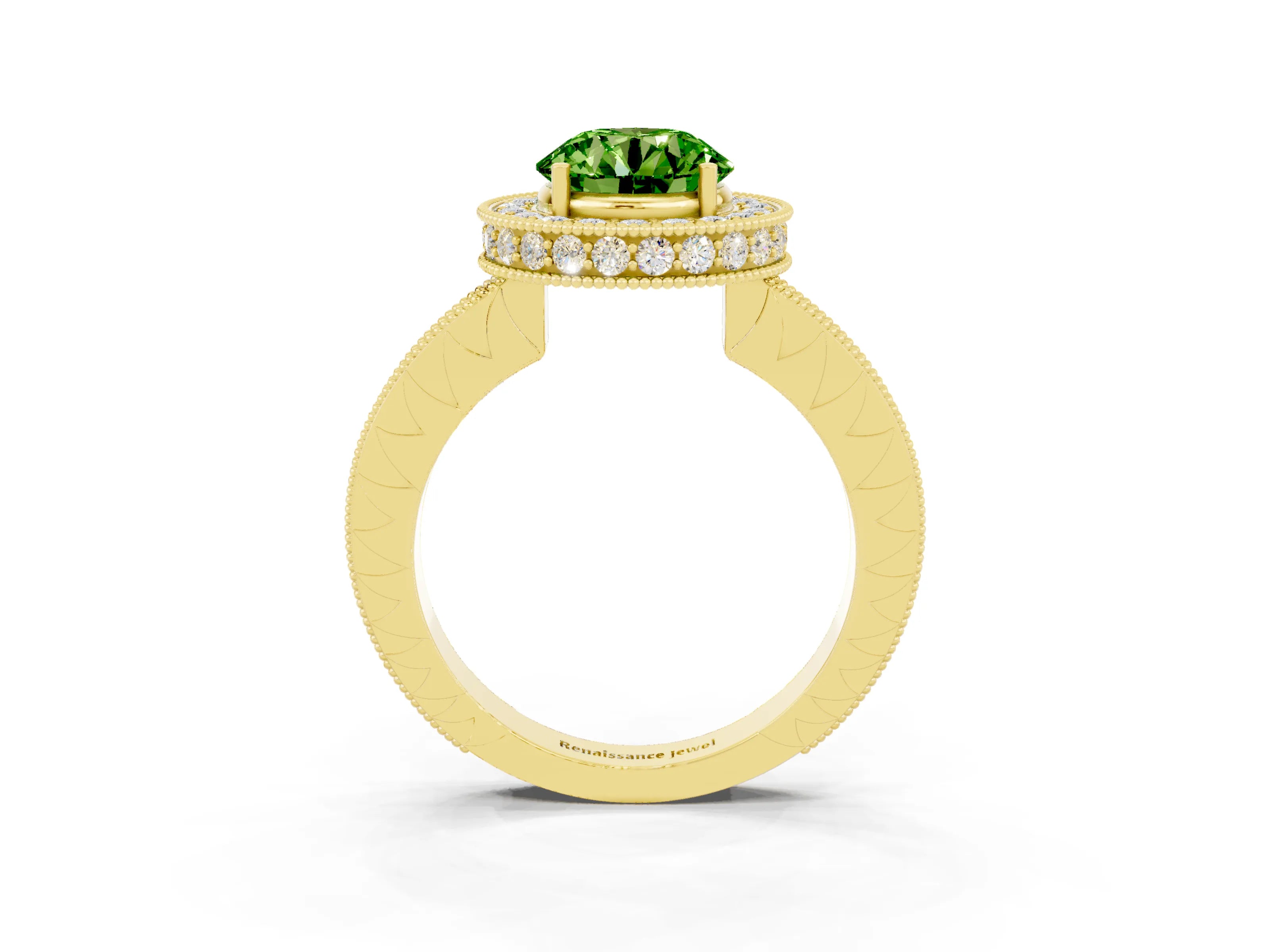 Yellow gold Round Cut Halo Diamond Engagement Ring with Milgrain Pave Band and Four-Prong Setting_3
