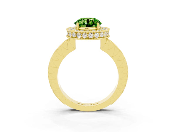 Yellow gold Round Cut Halo Diamond Engagement Ring with Milgrain Pave Band and Four-Prong Setting