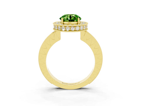 Yellow gold Round Cut Halo Diamond Engagement Ring with Milgrain Pave Band and Four-Prong Setting_3
