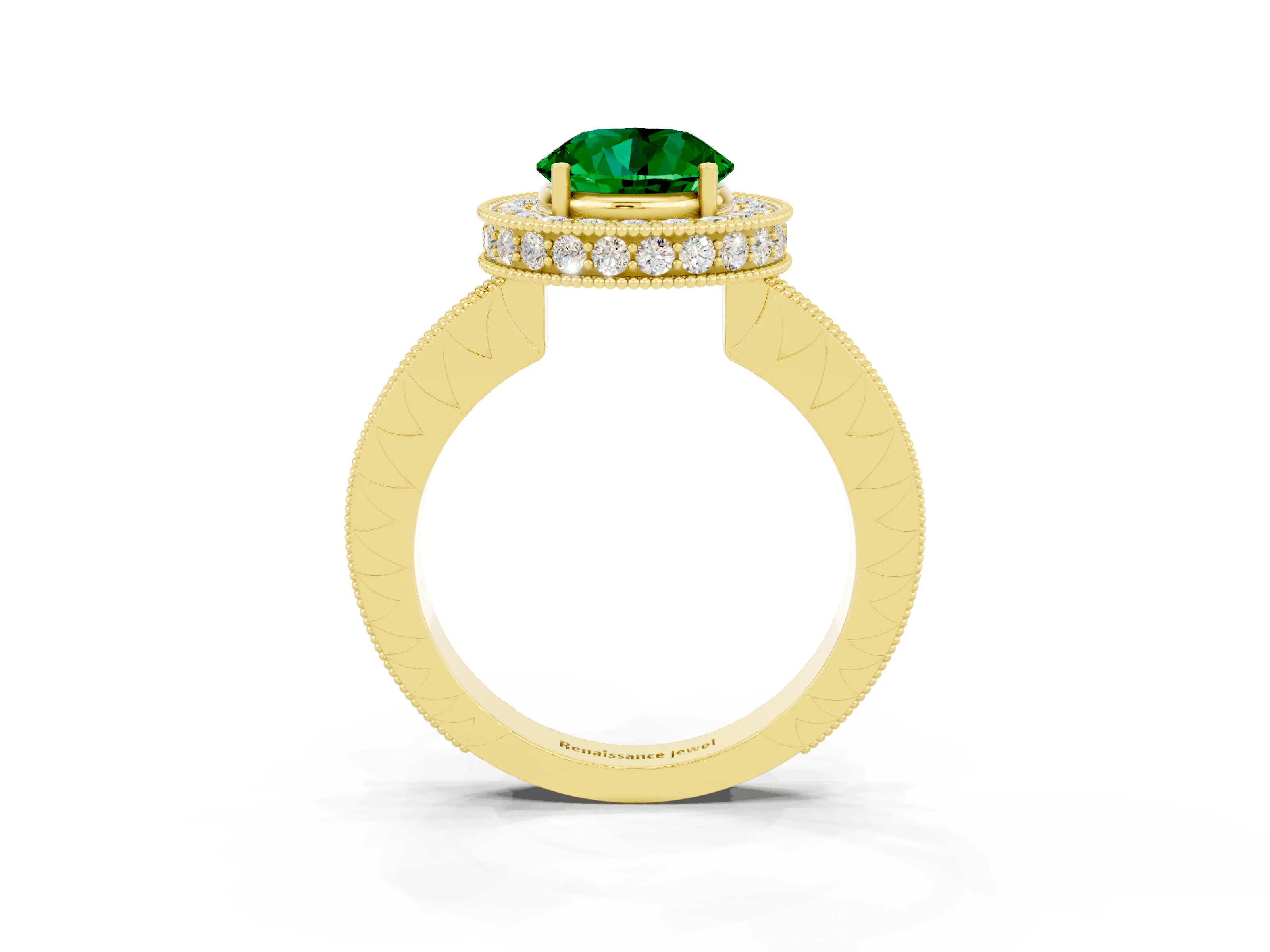 Yellow gold Round Cut Halo Diamond Engagement Ring with Milgrain Pave Band and Four-Prong Setting_3