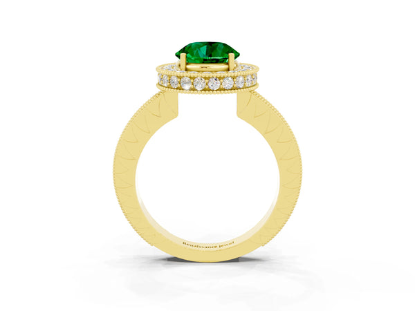 Yellow gold Round Cut Halo Diamond Engagement Ring with Milgrain Pave Band and Four-Prong Setting