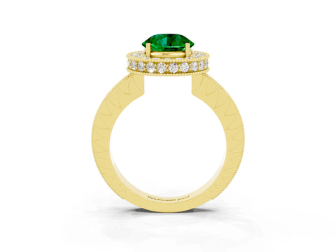 Yellow gold Round Cut Halo Diamond Engagement Ring with Milgrain Pave Band and Four-Prong Setting_3