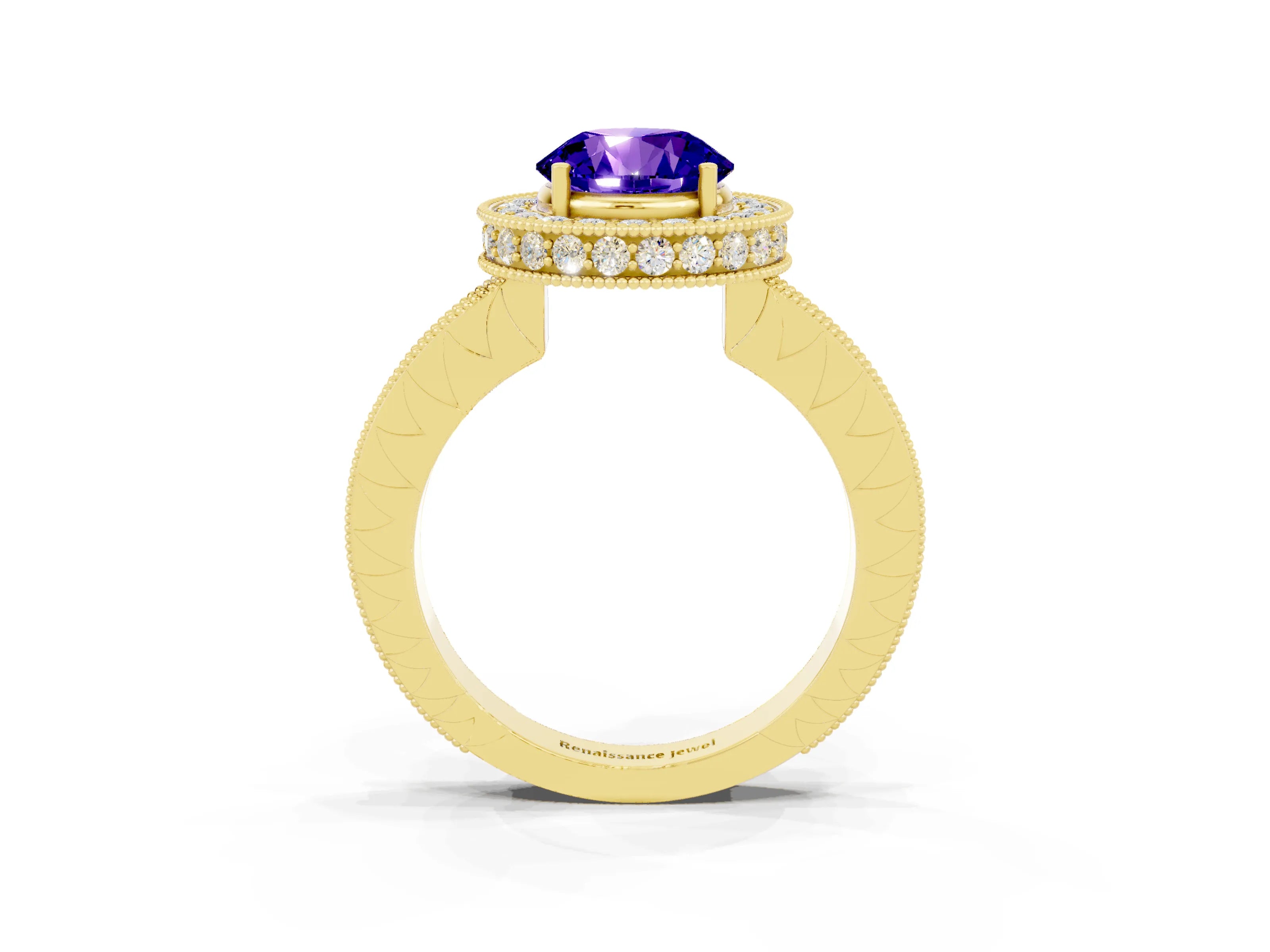 Yellow gold Round Cut Halo Diamond Engagement Ring with Milgrain Pave Band and Four-Prong Setting_3