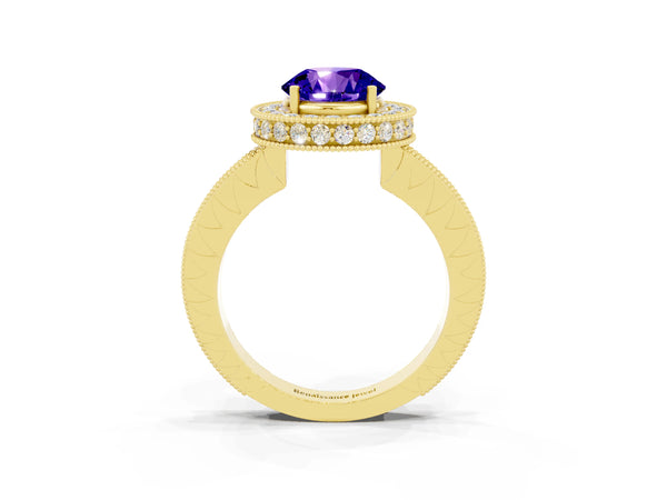 Yellow gold Round Cut Halo Diamond Engagement Ring with Milgrain Pave Band and Four-Prong Setting