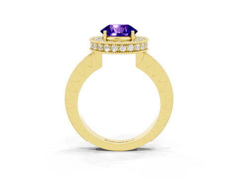 Yellow gold Round Cut Halo Diamond Engagement Ring with Milgrain Pave Band and Four-Prong Setting_3