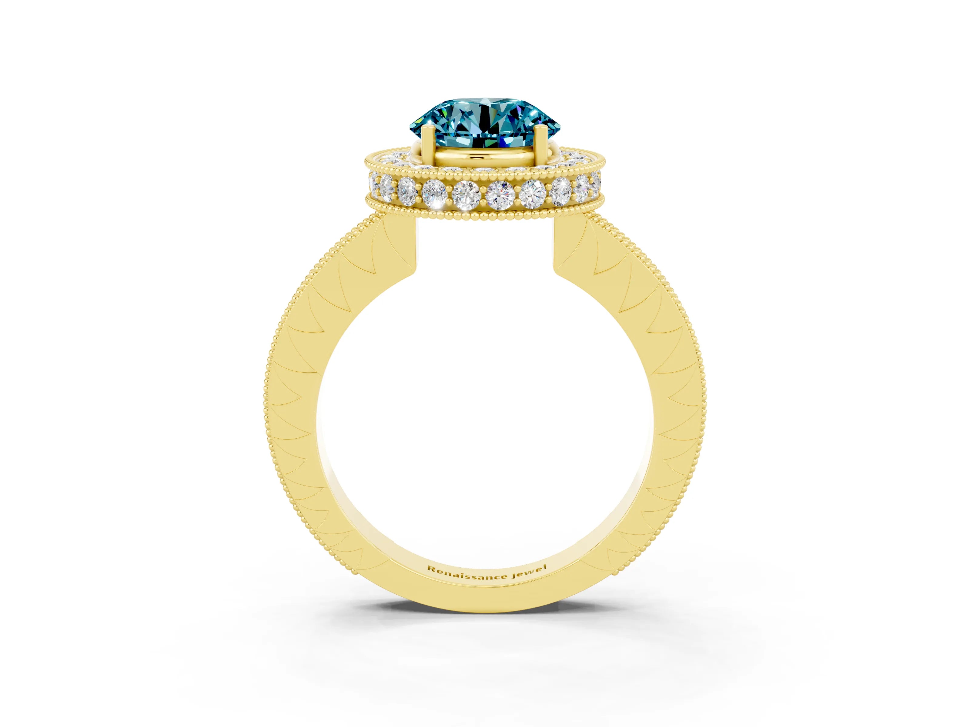 Yellow gold Round Cut Halo Diamond Engagement Ring with Milgrain Pave Band and Four-Prong Setting_3