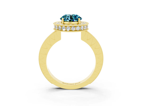 Yellow gold Round Cut Halo Diamond Engagement Ring with Milgrain Pave Band and Four-Prong Setting