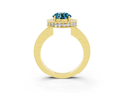 Yellow gold Round Cut Halo Diamond Engagement Ring with Milgrain Pave Band and Four-Prong Setting_3