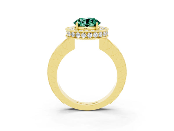 Yellow gold Round Cut Green Sapphire Milgrain Halo Engagement Ring with Round Pavé Band and Prong Setting