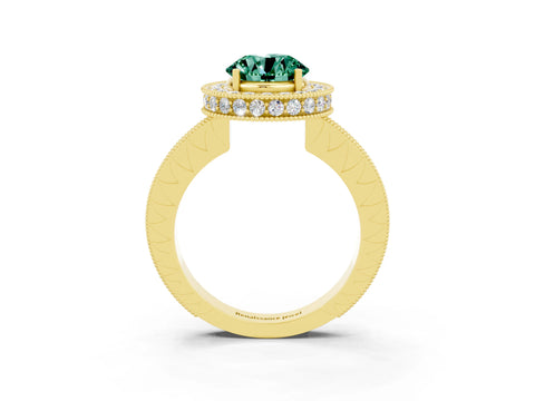 Yellow gold Round Cut Halo Diamond Engagement Ring with Milgrain Pave Band and Four-Prong Setting_3