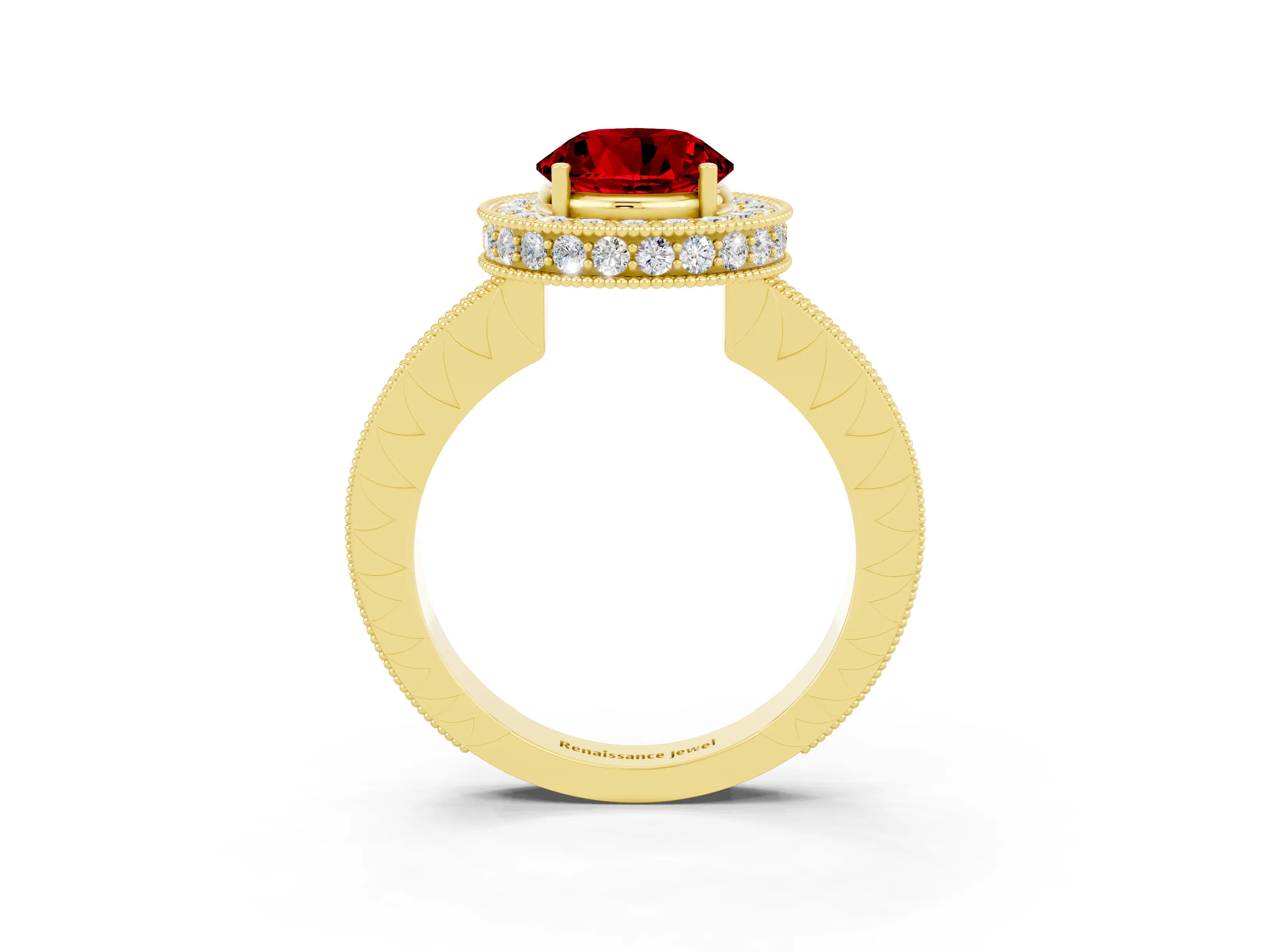 Yellow gold Round Cut Halo Diamond Engagement Ring with Milgrain Pave Band and Four-Prong Setting_3
