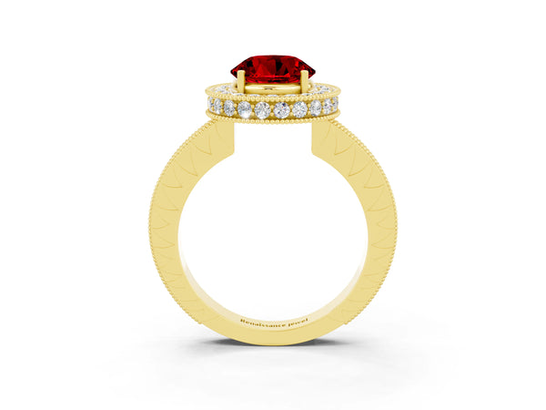 Yellow gold Round Cut Halo Diamond Engagement Ring with Milgrain Pave Band and Four-Prong Setting