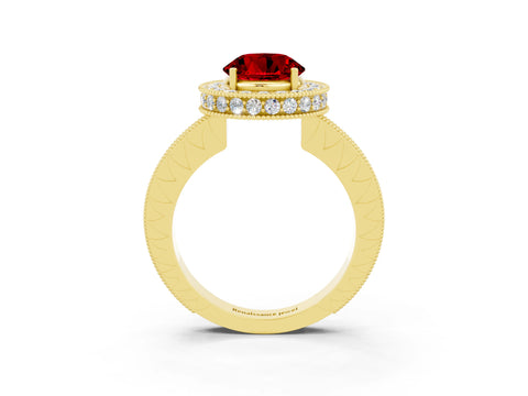 Yellow gold Round Cut Halo Diamond Engagement Ring with Milgrain Pave Band and Four-Prong Setting_3