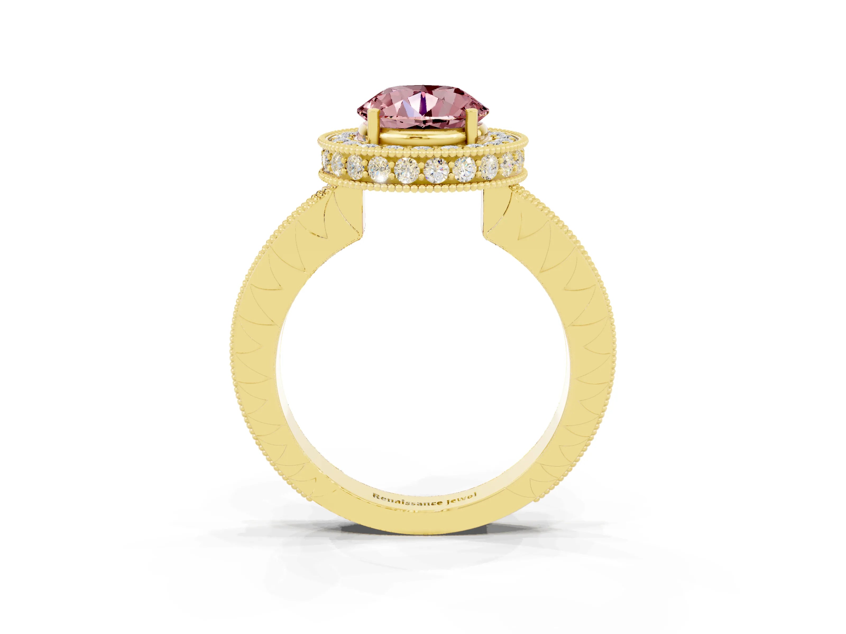 Yellow gold Round Cut Halo Diamond Engagement Ring with Milgrain Pave Band and Four-Prong Setting_3
