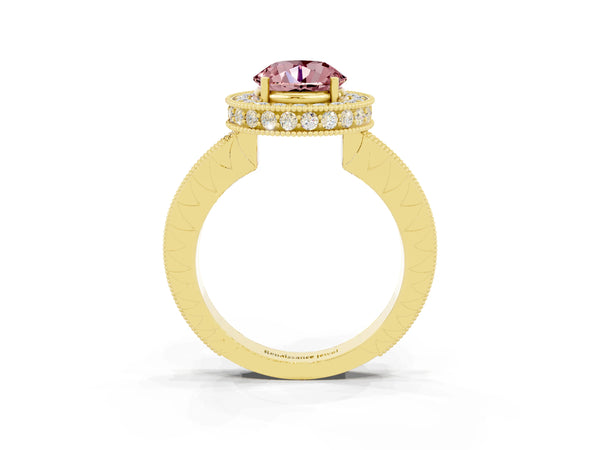 Yellow gold Round Cut Halo Diamond Engagement Ring with Milgrain Pave Band and Four-Prong Setting