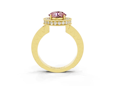 Yellow gold Round Cut Halo Diamond Engagement Ring with Milgrain Pave Band and Four-Prong Setting_3