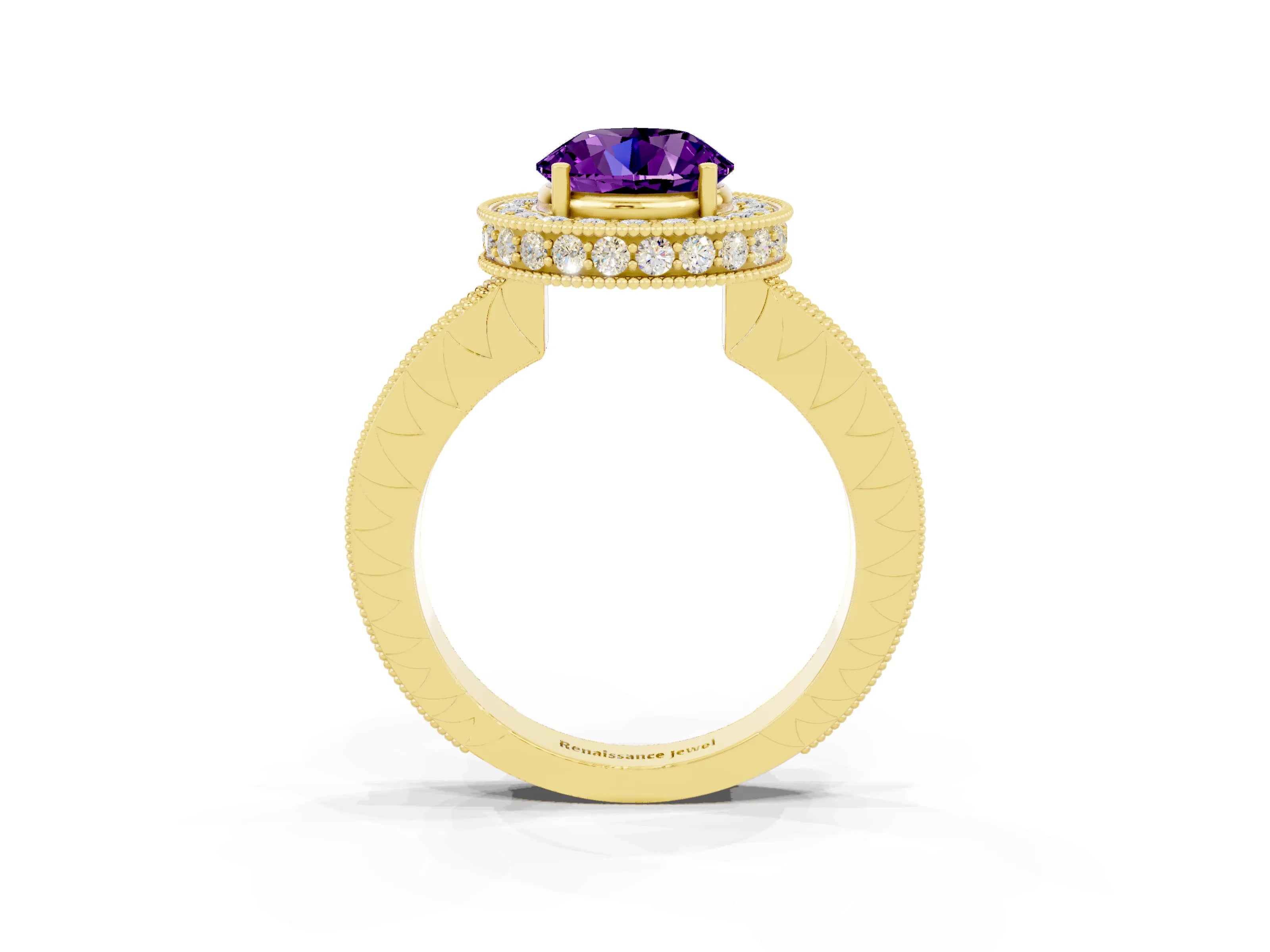 Yellow gold Round Cut Halo Diamond Engagement Ring with Milgrain Pave Band and Four-Prong Setting_3