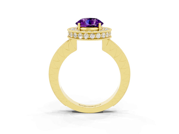Yellow gold Round Cut Amethyst Milgrain Halo Engagement Ring with Round Pavé Band and Prong Setting