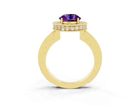 Yellow gold Round Cut Halo Diamond Engagement Ring with Milgrain Pave Band and Four-Prong Setting_3