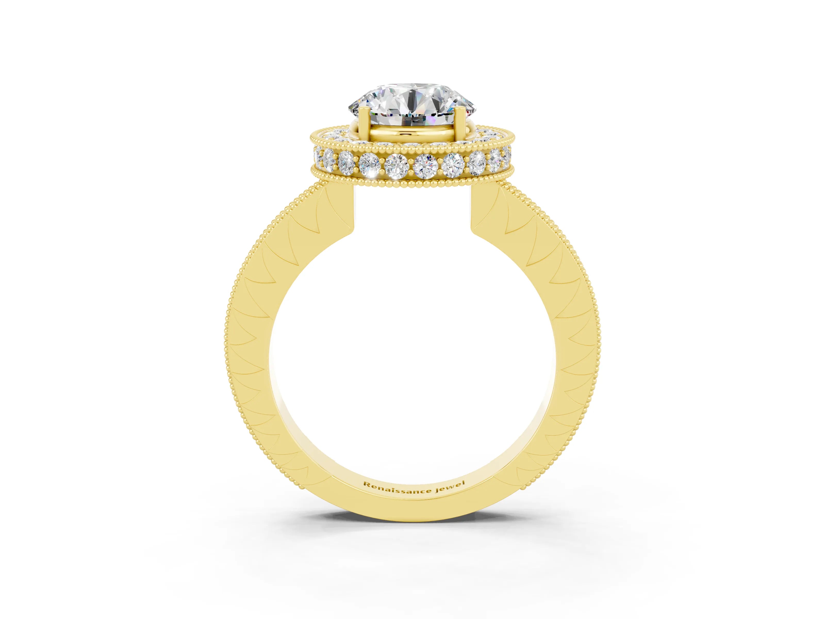 Yellow gold Round Cut Halo Diamond Engagement Ring with Milgrain Pave Band and Four-Prong Setting_3