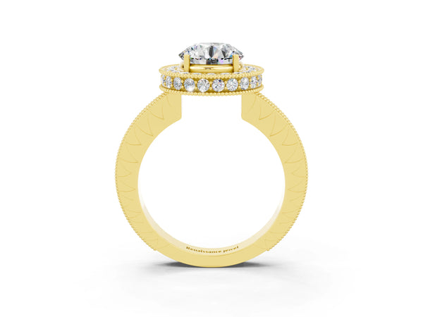 Yellow gold Round Cut Halo Diamond Engagement Ring with Milgrain Pave Band and Four-Prong Setting