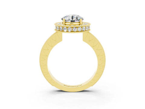 Yellow gold Round Cut Halo Diamond Engagement Ring with Milgrain Pave Band and Four-Prong Setting_3