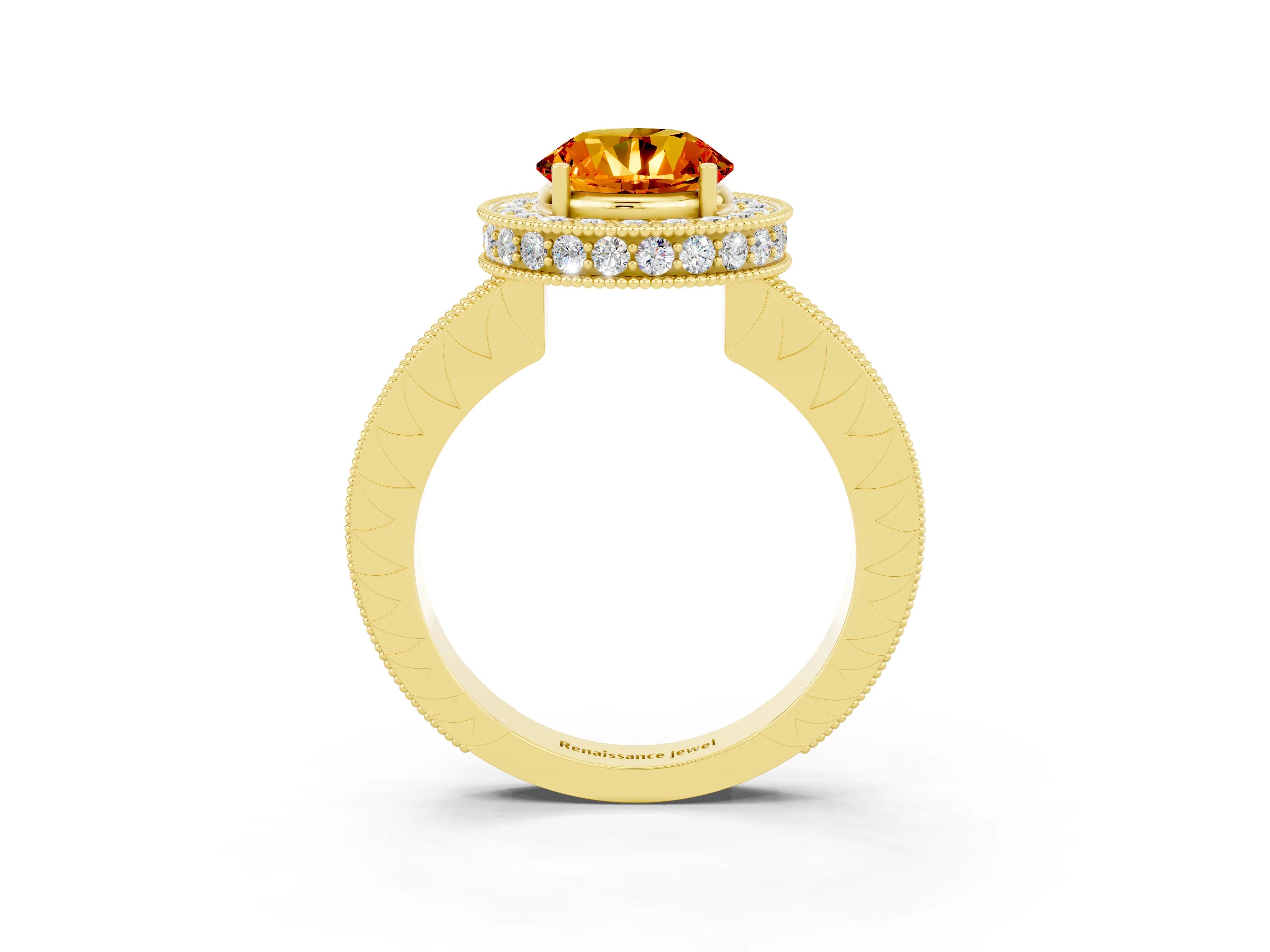 Yellow gold Round Cut Halo Diamond Engagement Ring with Milgrain Pave Band and Four-Prong Setting_3
