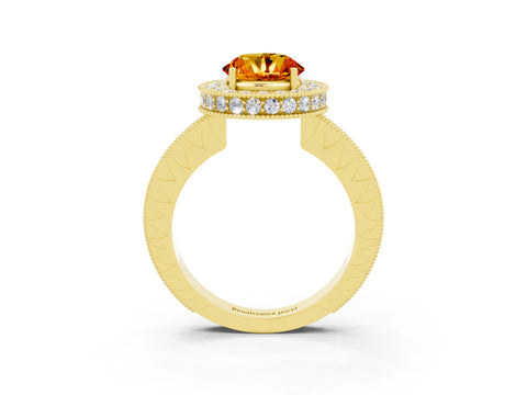 Yellow gold Round Cut Halo Diamond Engagement Ring with Milgrain Pave Band and Four-Prong Setting_3