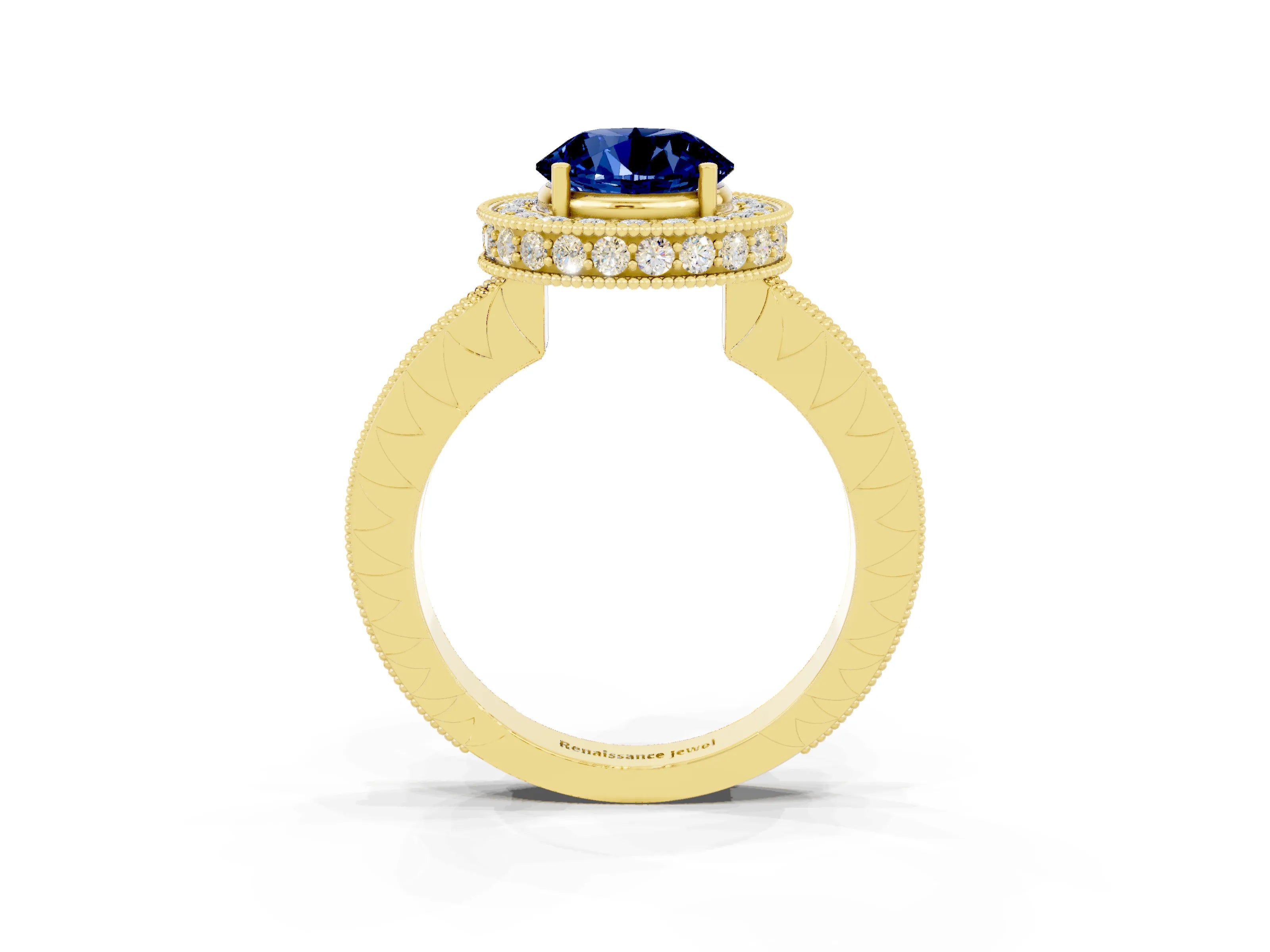 Yellow gold Round Cut Halo Diamond Engagement Ring with Milgrain Pave Band and Four-Prong Setting_3