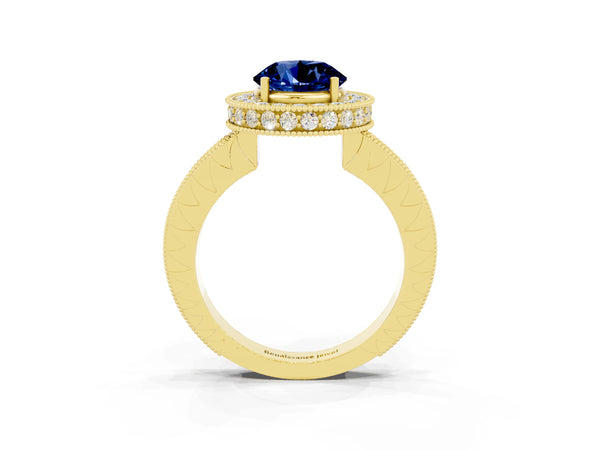 Yellow gold Round Cut Halo Diamond Engagement Ring with Milgrain Pave Band and Four-Prong Setting