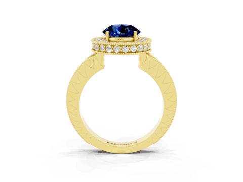 Yellow gold Round Cut Halo Diamond Engagement Ring with Milgrain Pave Band and Four-Prong Setting_3