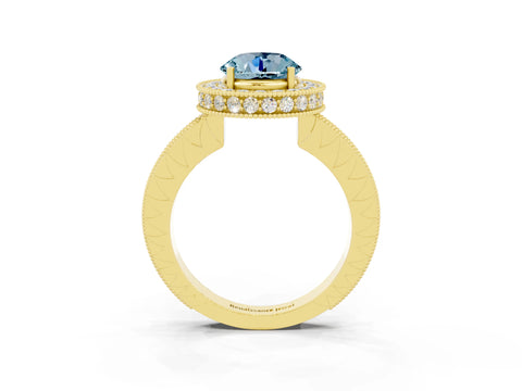 Yellow gold Round Cut Halo Diamond Engagement Ring with Milgrain Pave Band and Four-Prong Setting_3