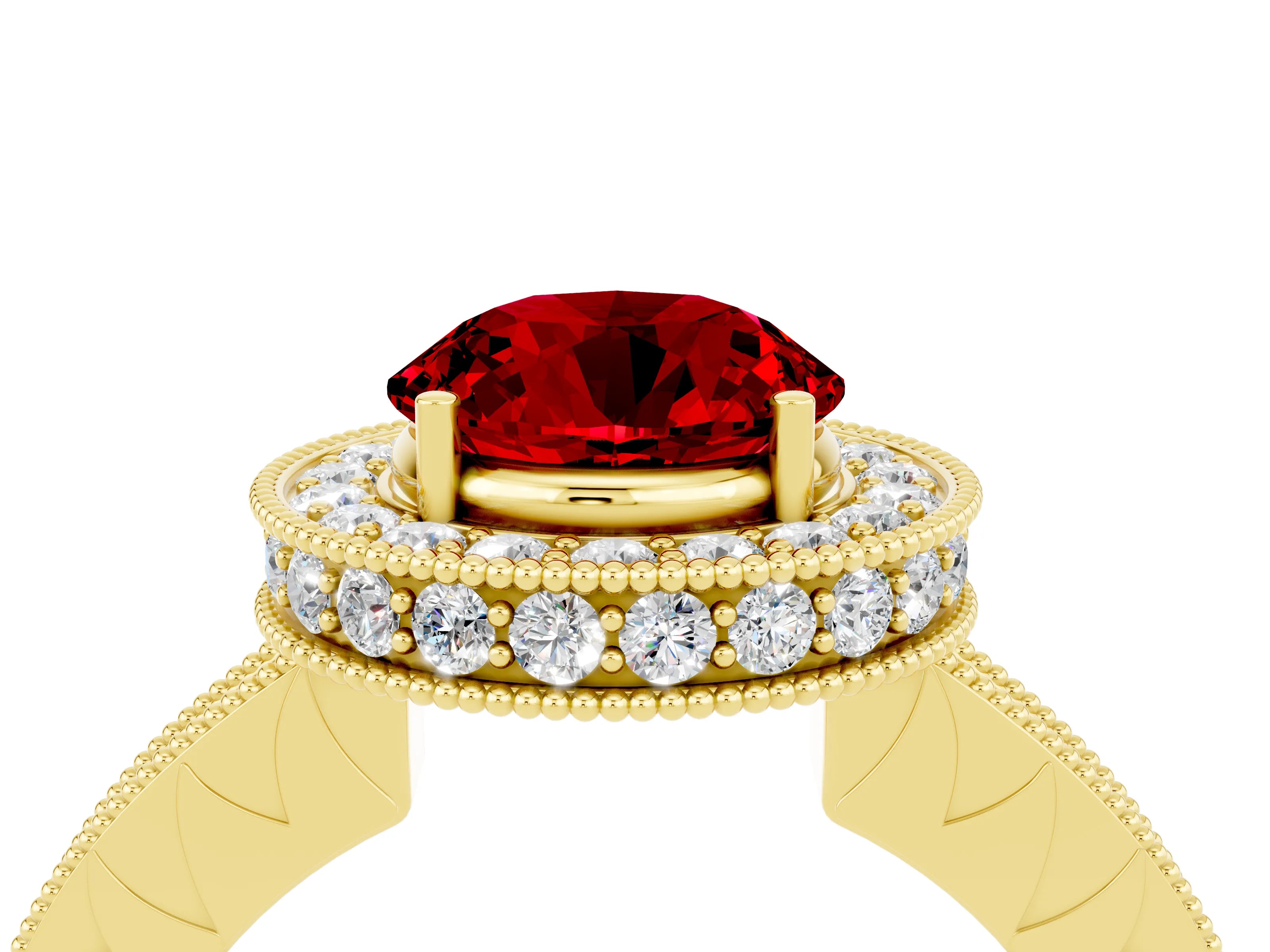 Yellow gold Round Cut Halo Diamond Engagement Ring with Milgrain Pave Band and Four-Prong Setting_4
