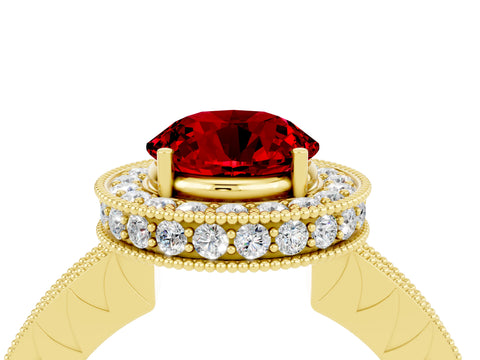 Yellow gold Round Cut Halo Diamond Engagement Ring with Milgrain Pave Band and Four-Prong Setting_4