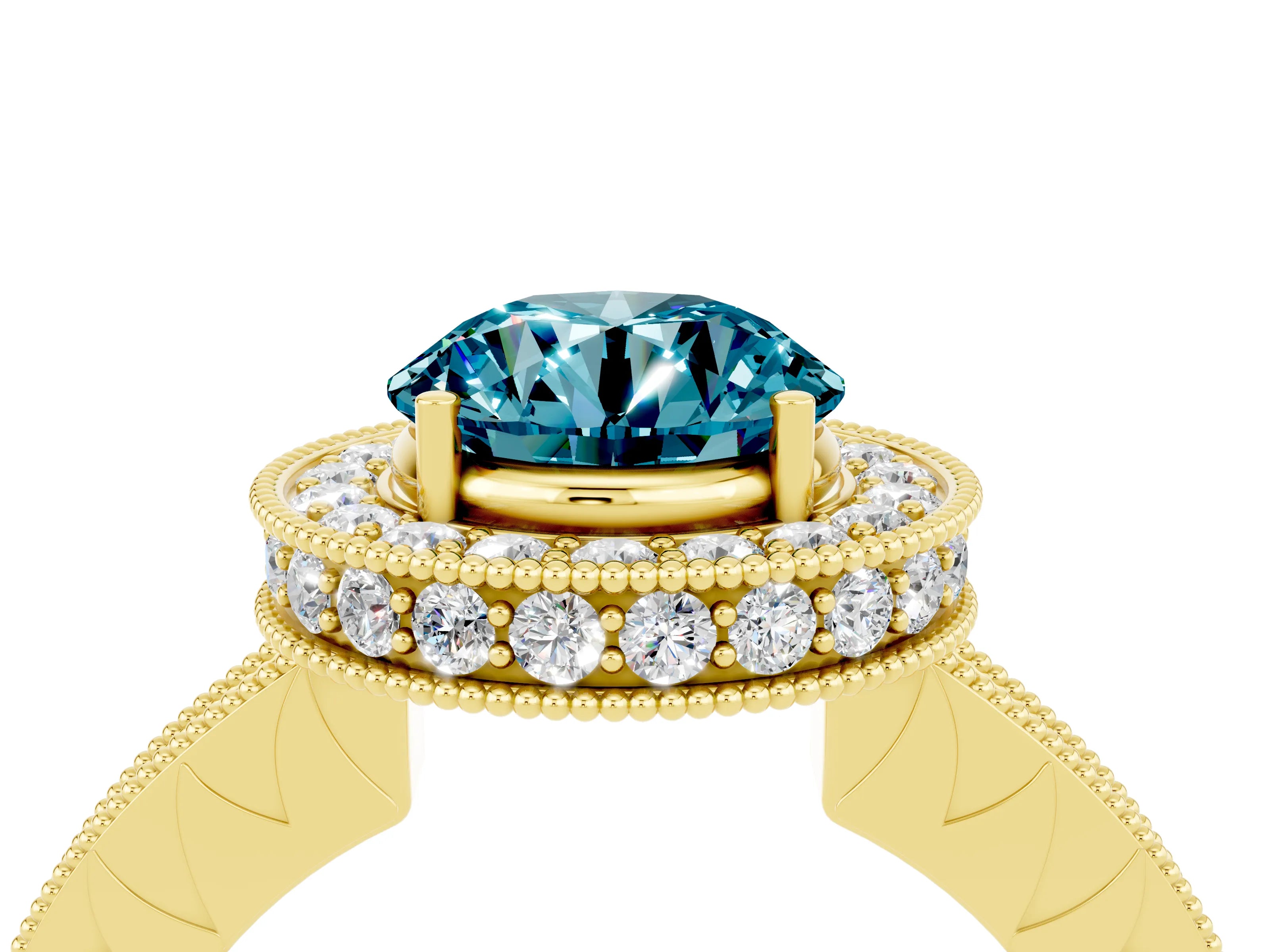 Yellow gold Round Cut Halo Diamond Engagement Ring with Milgrain Pave Band and Four-Prong Setting_4