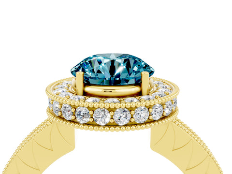 Yellow gold Round Cut Halo Diamond Engagement Ring with Milgrain Pave Band and Four-Prong Setting_4
