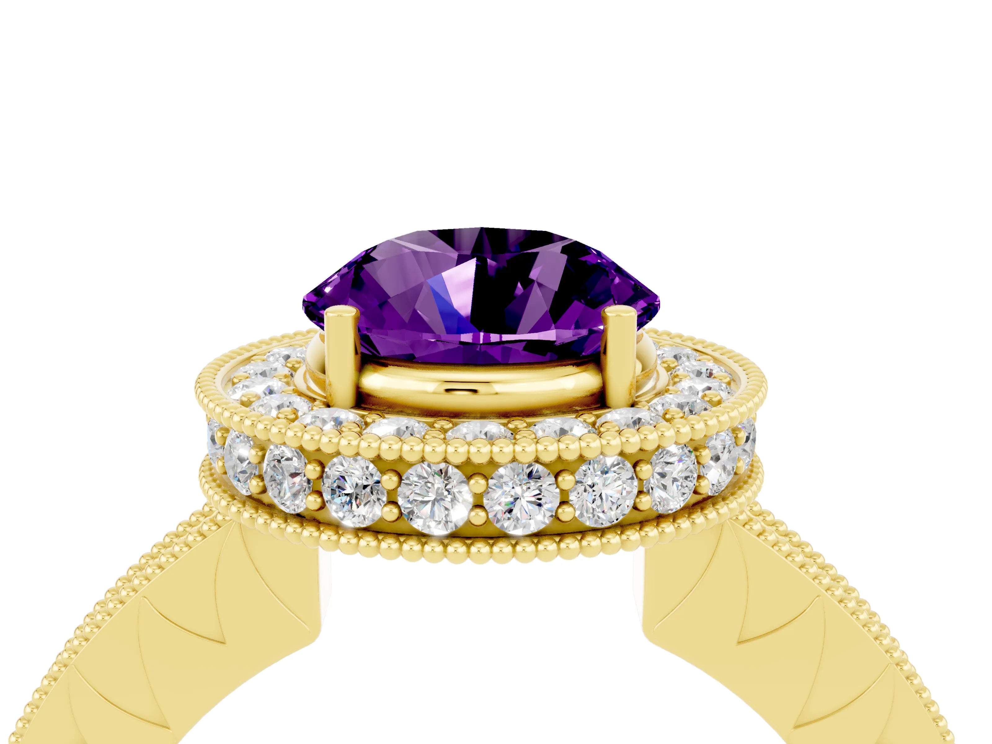Yellow gold Round Cut Halo Diamond Engagement Ring with Milgrain Pave Band and Four-Prong Setting_4