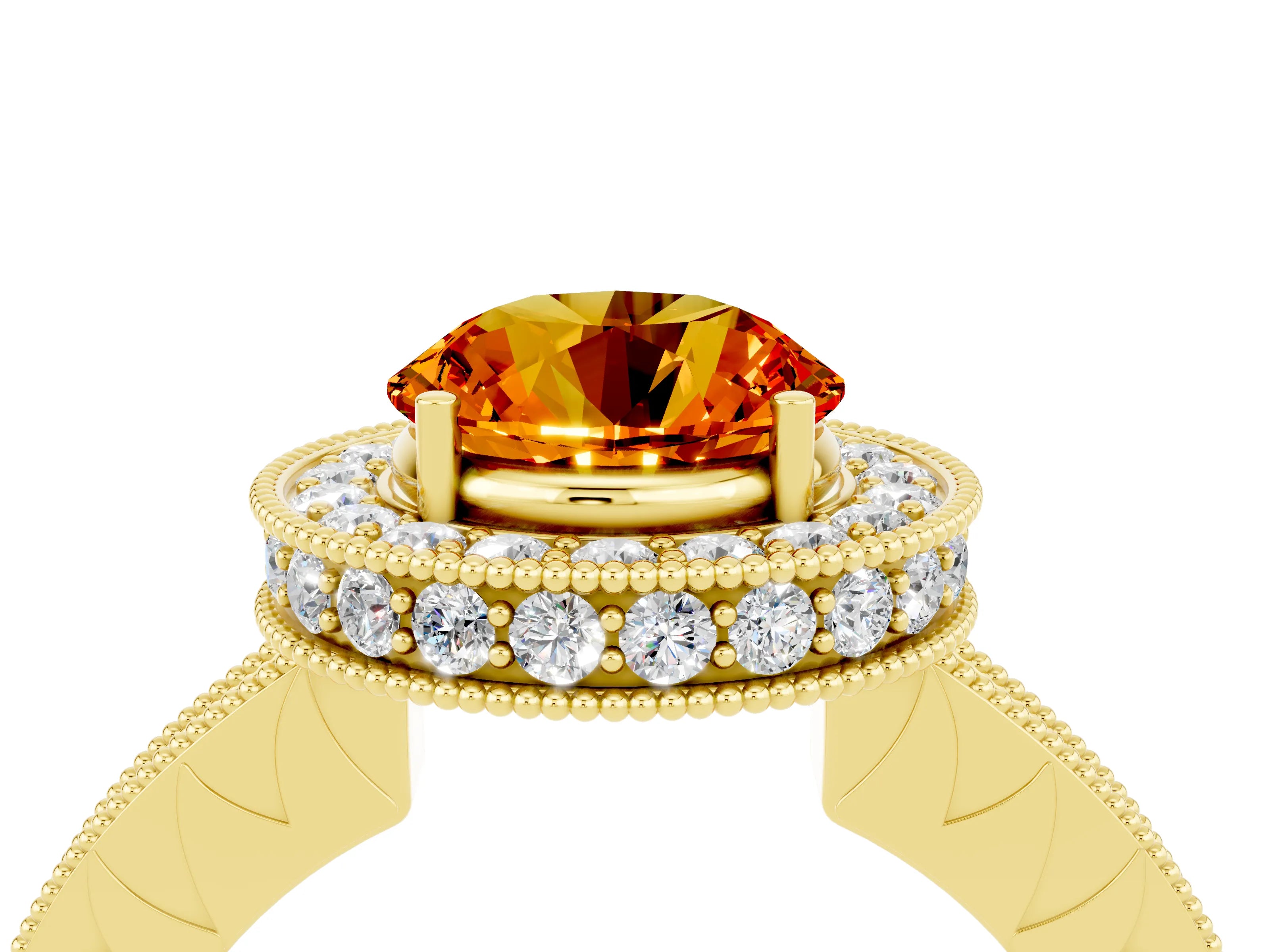 Yellow gold Round Cut Halo Diamond Engagement Ring with Milgrain Pave Band and Four-Prong Setting_4