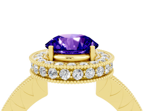Yellow gold Round Cut Halo Diamond Engagement Ring with Milgrain Pave Band and Four-Prong Setting_4