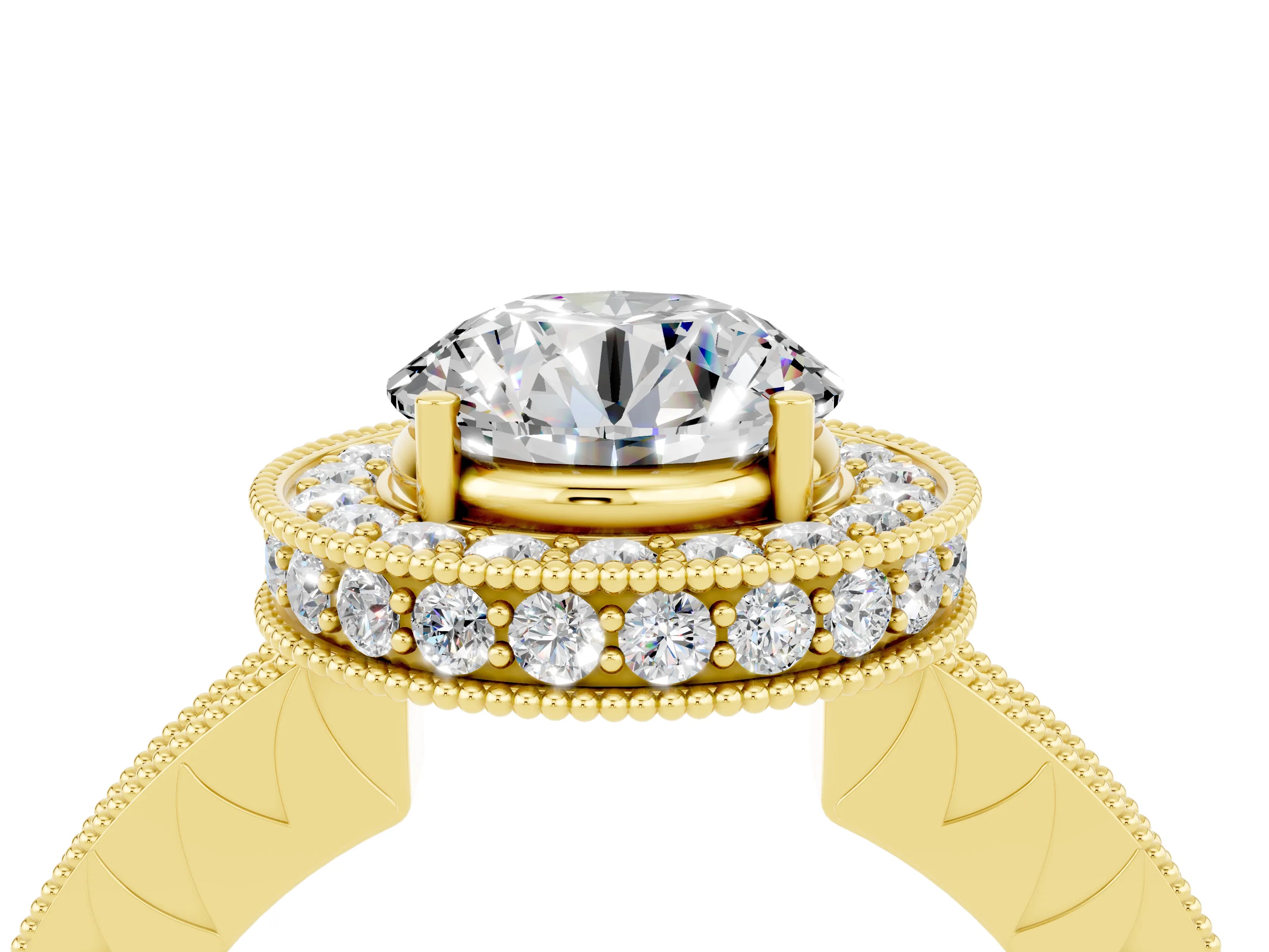 Yellow gold Round Cut Halo Diamond Engagement Ring with Milgrain Pave Band and Four-Prong Setting_4