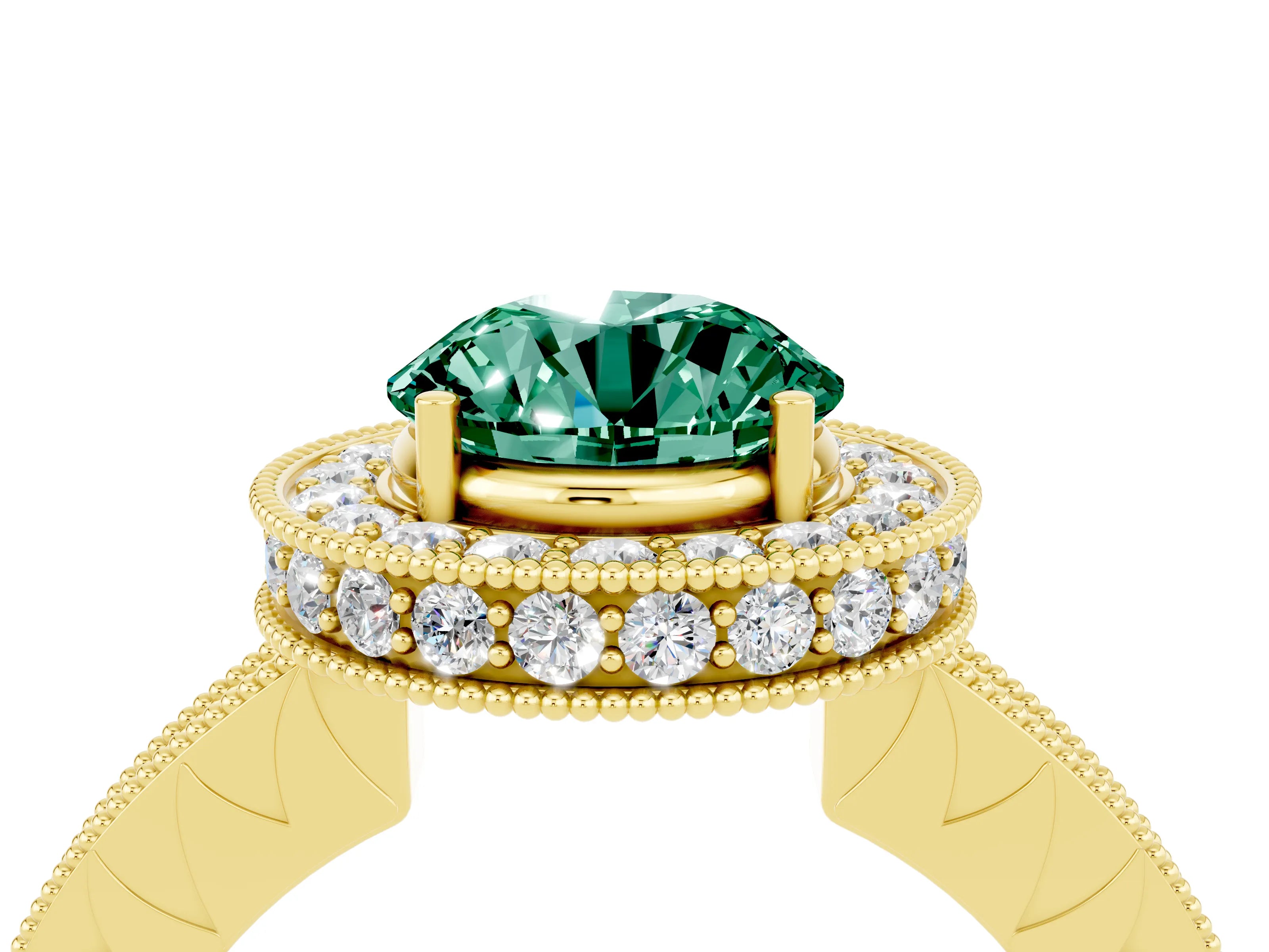 Yellow gold Round Cut Halo Diamond Engagement Ring with Milgrain Pave Band and Four-Prong Setting_4